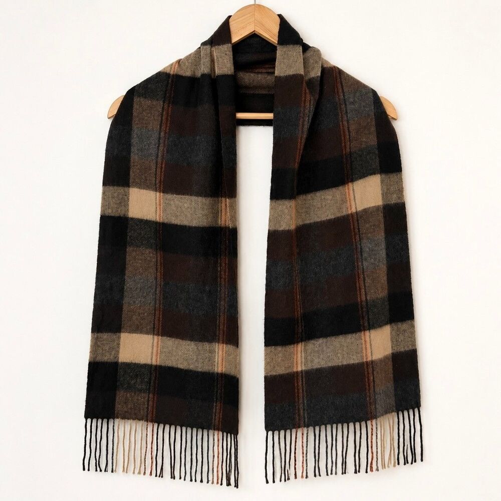 Club Room Mens Plaid 100% Cashmere Scarf Brown Tan Fringe 65 X 12 Winter Classic